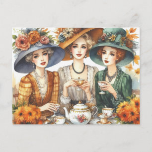 Herbstliche Retro-Damen-Teepostkarte Postkarte