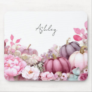 Herbstliche rosa Kürbisse und Blumen Herbstmuster Mousepad
