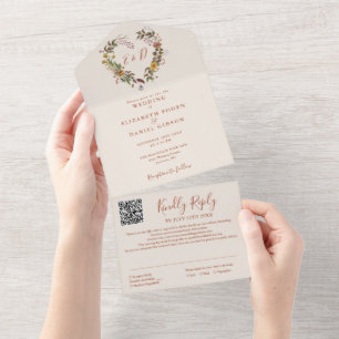 Herbstliche rustikale Blumenhochzeit mit QR-Code All In One Einladung