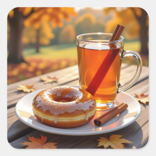 Herbstliche Segnungen Apfelwein und Donut Quadratischer Aufkleber