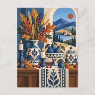 Herbstliche Volkskunst-Stillleben am Fenster Gruß Postkarte