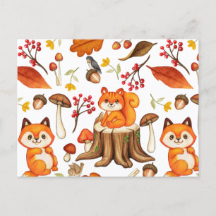 Herbstliche Waldlandschaft mit niedlichen Tieren u Postkarte