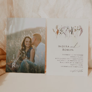 Herbstliche Wildblume   Beige Monogram Foto Weddin Einladung