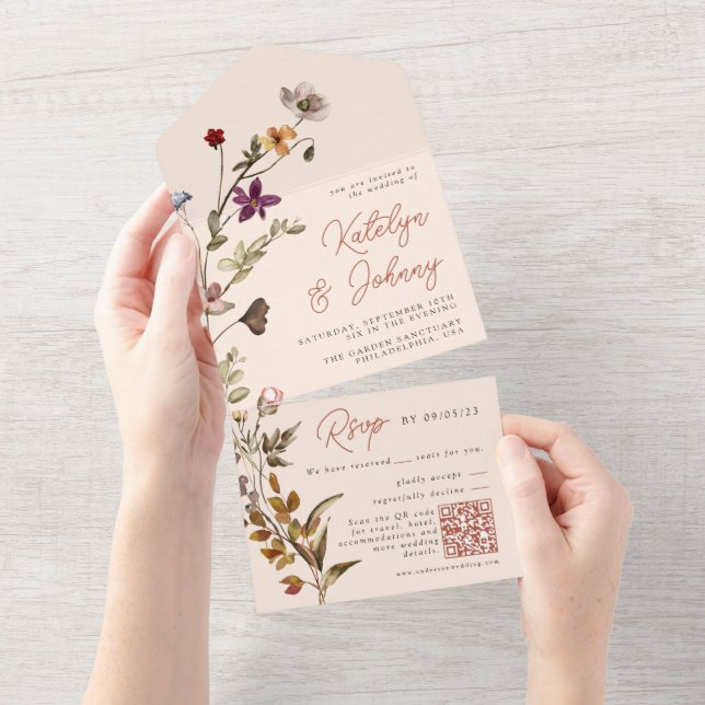 Herbstliche Wildblume Boho Terracotta Hochzeit All In One Einladung (Abreißen)