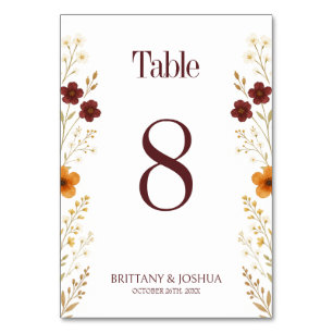 Herbstliche Wildblume Elegant Boho Hochzeit Tischnummer