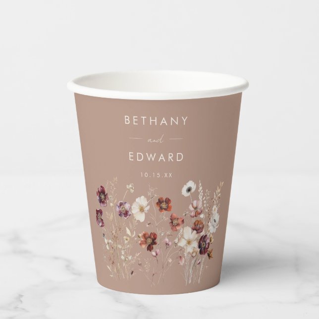 Herbstliche Wildblume Meadow Taupe Hochzeit Pappbecher (Vorderseite)
