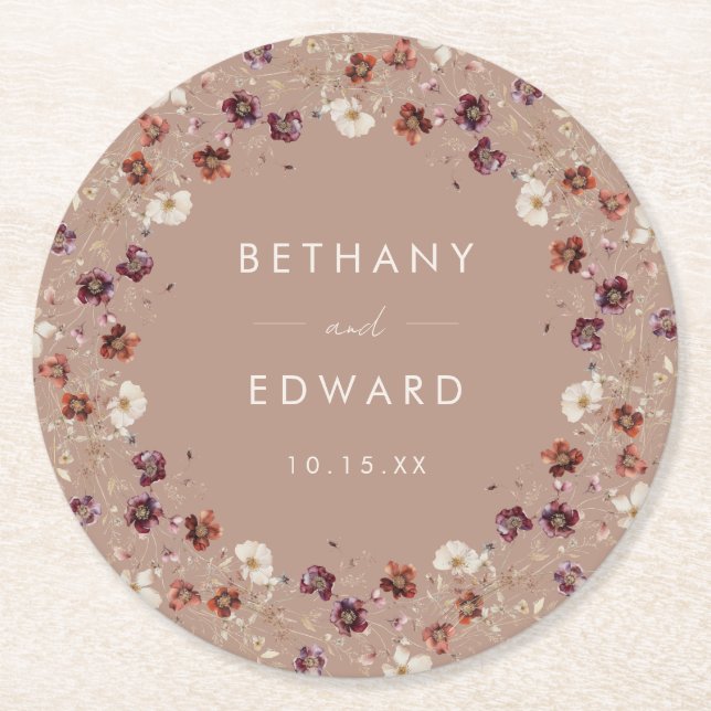 Herbstliche Wildblume Meadow Taupe Hochzeit Runder Pappuntersetzer (Vorderseite)