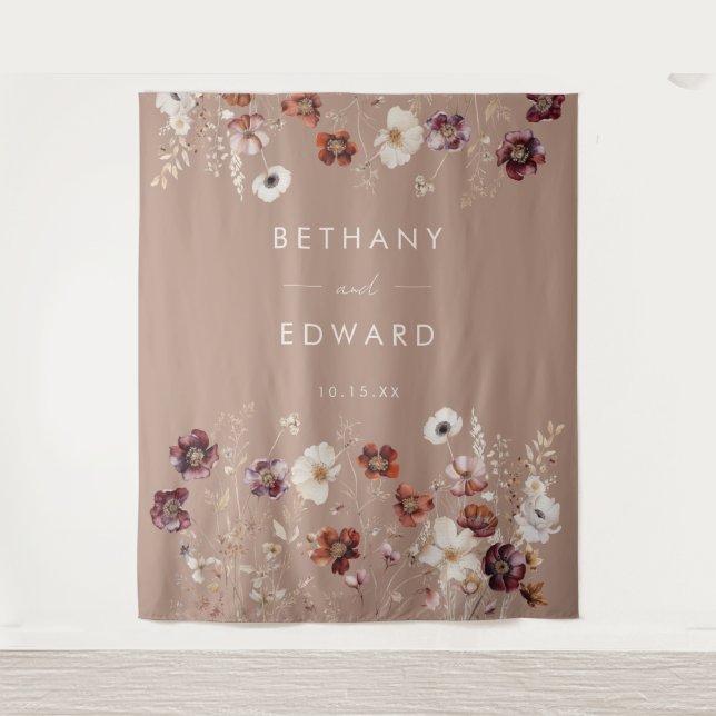 Herbstliche Wildblume Wiese Taupe Hochzeitsgeschic Wandteppich (Vorderseite)
