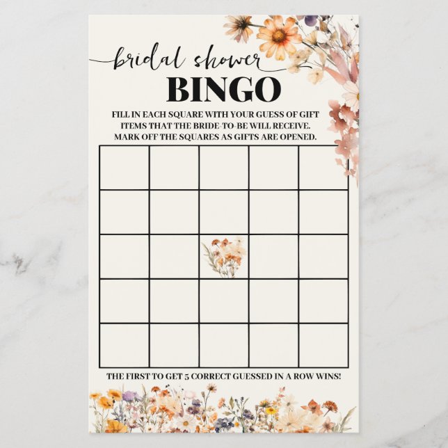 Herbstliche Wildblumen Brautparty Bingo Game Card Flyer (Vorne)