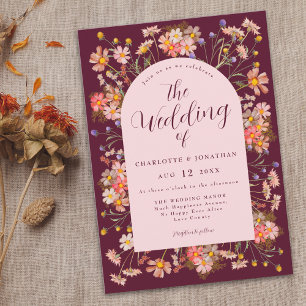 Herbstliche Wildblumen-Hochzeit in Burgundrot und  Einladung