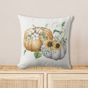 Herbstlicher Kürbis Sonnenblume und Baumwollblumen Kissen