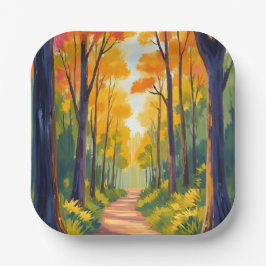 Herbstlicher Waldweg | Aquarell Herbstlaub Pappteller