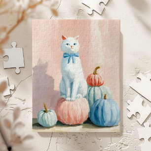 Herbstlicher weißer Kater mit Kürbissen