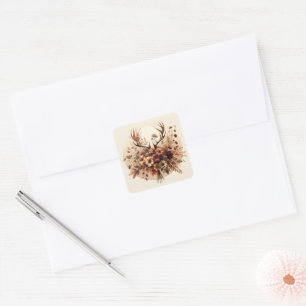 Herbstliches Blumenbouquet mit Hirschgeweih Quadratischer Aufkleber