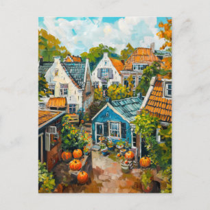 Herbstliches Dorf mit Kürbissen und Cottages Maler Postkarte