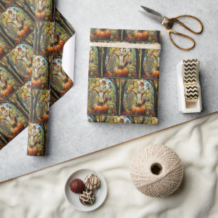 Herbstliches Eichhörnchen auf Kürbis-Buntglas-Kuns Geschenkpapier