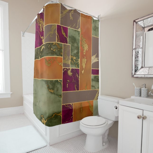 Herbstluxus | Geometrisches Gold Jewel Tone Marmor Duschvorhang (Beispiel)
