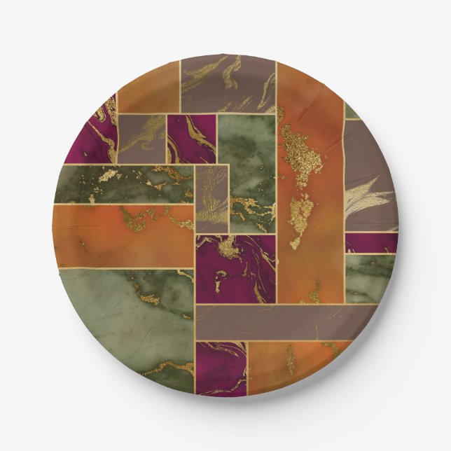 Herbstluxus | Geometrisches Gold Jewel Tone Marmor Pappteller (Vorderseite)