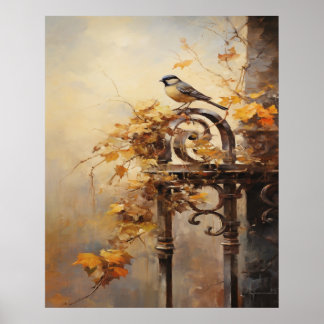 Herbstmalerei eines Vogels auf einem Zaun Poster