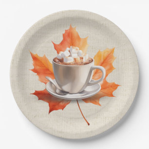 Herbstmapelleaf und heißes Kakao Pappteller