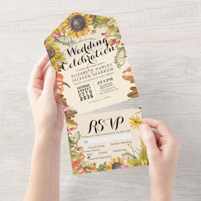 Herbstmaple Blätter Pumpkin Sonnenblumen Hochzeit  All In One Einladung (Abreißen)
