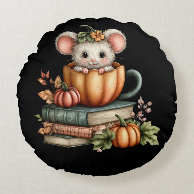 Herbstmaus mit Büchern Rundes Kissen (Vorderseite)