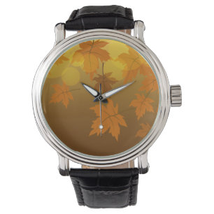 Herbstmuster mit fallenden Ahornblättern und Bokeh Armbanduhr