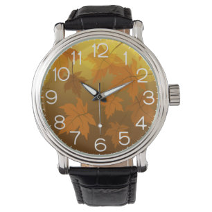 Herbstmuster mit fallenden Ahornblättern und Bokeh Armbanduhr