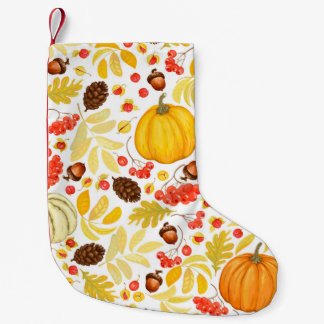 Herbstnahtloser Hintergrund mit Kürbis, Eicheln,  Kleiner Weihnachtsstrumpf