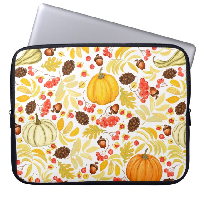 Herbstnahtloser Hintergrund mit Kürbis, Eicheln,  Laptopschutzhülle (Vorderseite)