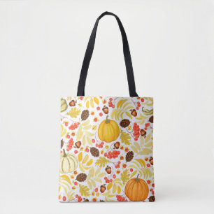 Herbstnahtloser Hintergrund mit Kürbis, Eicheln,  Tasche