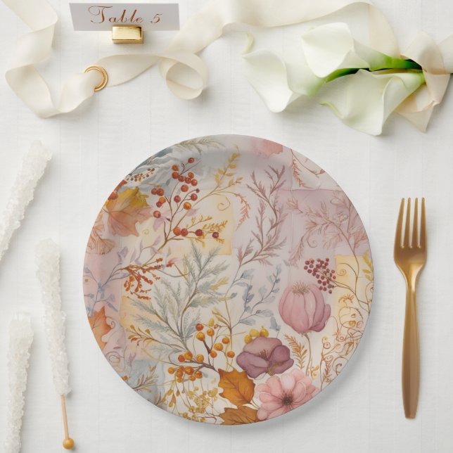 Herbstpadel floral Elegantes Gold Pink Hues Pappteller (Hochzeit)