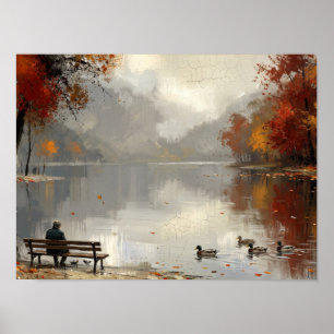 Herbstparkbank am Teich Gemälde Poster