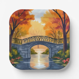 Herbstparkbrücke Wasserfarbe Herbstlaub Pappteller