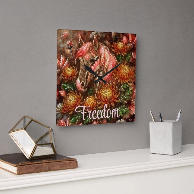 Herbstpferd Floral Chrysanthemen Personalisiert Quadratische Wanduhr (Büro)