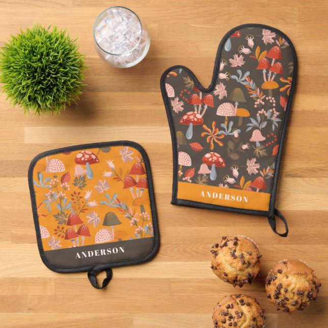 Herbstpilz und botanisches Muster Ofenhandschuh & Topflappen-Set (Oben Unten)