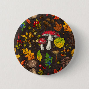 Herbstpilze, Blätter, Nüsse und Beeren im Dunkeln Button