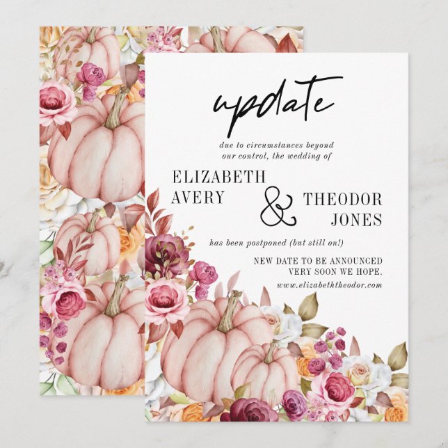 Herbstpink Burgundy Pumpkin Floral Wedding Update Einladung (Vorne/Hinten)