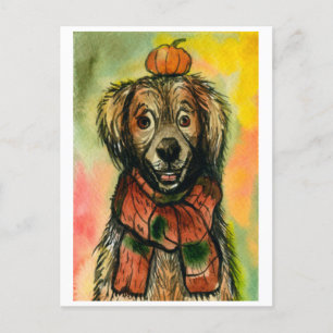 Herbstpostkarte, Hund mit Kürbis, Herbst Postkarte