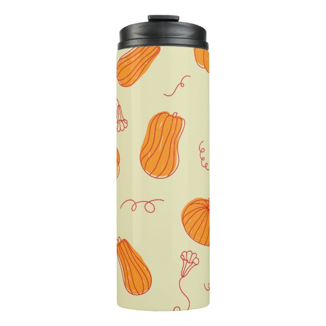Herbstpumpen: Doodle Orange Muster. Thermosbecher (Vorderseite)