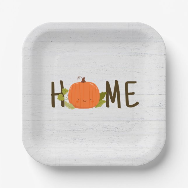 Herbstpumpen mit Zuhause-Text auf Holz Pappteller (Vorderseite)