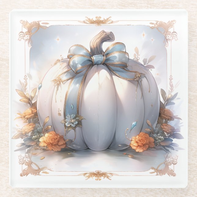 Herbstpumpen-Untersetzer in Dusty Blue und Orange Glasuntersetzer (Vorderseite)