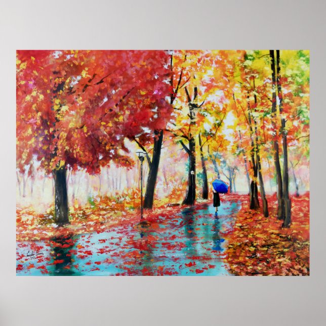 Herbstregen und Regenschirm Poster (Vorne)