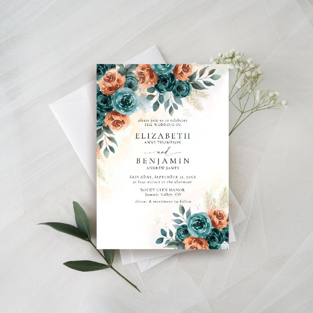 Herbstromantische Aquamarine Burnt Orange Blumenho Einladung (fall wedding invitation teal burnt orange terracotta watercolor floral botanical earthy nature boho)