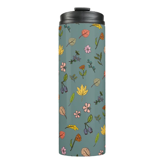 Herbstrosa gelbe Blumen und Blätter grün Thermosbecher (Vorderseite)