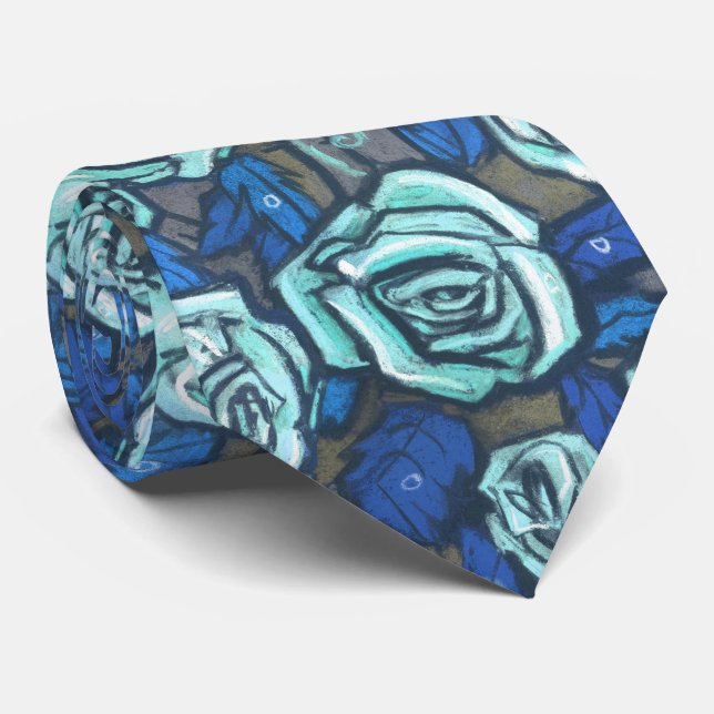 Herbstrosen Retro-Blumenmuster Blau Grau Mint Krawatte (Gerollt)