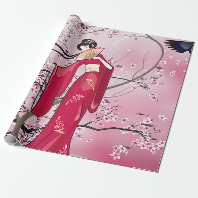 Herbstsaison japanische Lady in Kimono Geschenkpapier (Ungerollt)