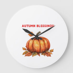 Herbstsegen-Kürbis mit klassischen Herbstblättern Große Wanduhr