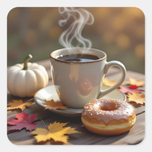 Herbstsegen, warmer Kaffee und ein Donut Quadratischer Aufkleber