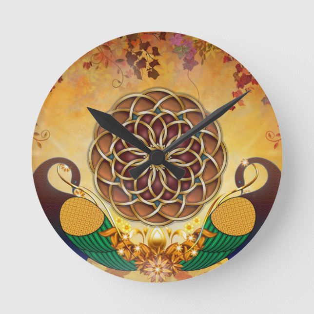 Herbstserenade-Mandala der zwei Pfau-Uhr Runde Wanduhr (Vorderseite)